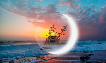 Sailing old ship in stormy sea in the background dramatic sunset and crescent moon 