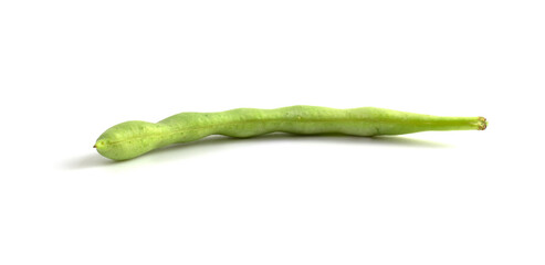 One pod of young green beans isolated on white background.