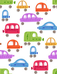 Cute childish pattern with flat hand drawn cars with tribal pattern on white background. Vector texture with multicolored machines with boho ornament. Wallpaper with cartoon vehicles