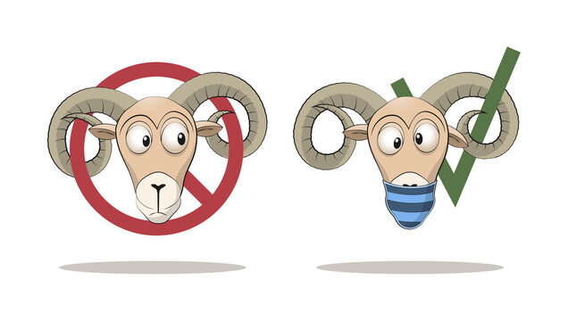 Funny cartoon style concept of asking to wear a suitable medical face mask to avoid the new coronavirus. Warning or warning sign. Vector illustration.