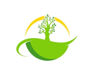 Green field with nature tree and yellow swoosh