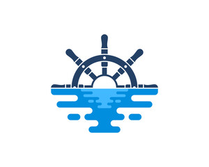 Ship steering wheel on the sea water