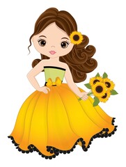 Beautiful Girl Holding Bouquet of Sunflowers. Vector Girl with Sunflowers