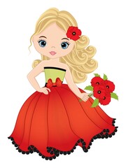 Fototapeta premium Beautiful Girl Wearing Red Dress with Poppies. Vector Girl with Poppies