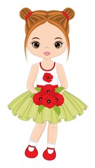Beautiful Young Girl Holding Bouquet of Poppies. Vector Girl with Poppies