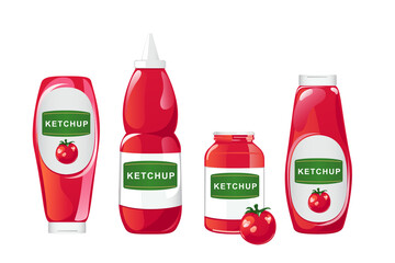 Tomato ketchup bottle. Red sauce container with named white label isolated on whie background. Vector illustration in cartoon flat style.