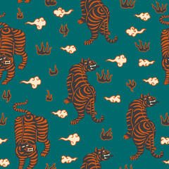 Tigers asian style funky seamless pattern. Vector illustration