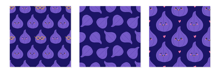 Set, collection of three vector seamless pattern backgrounds with fig fruits and fig characters for food design.