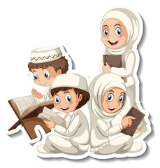 Sticker template with Muslim family cartoon character