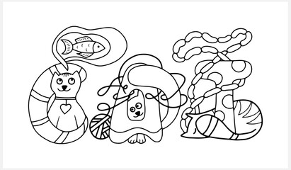 Outline cat lettering isolated on white. Cat dreams sausage and fish. Animal design. Doodle hand drawn art. Sketch pet. Vector stock illustration. EPS 10