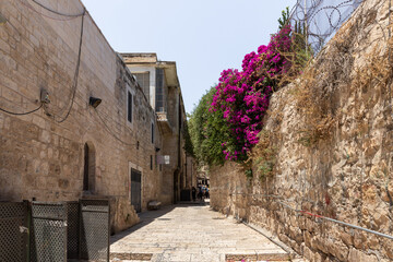 The quiet small Al Mozllen Street in Christian quarters in the old city of Jerusalem, Israel