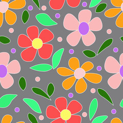 Seamless pattern of abstract flowers and leaves on a gray background for textile.