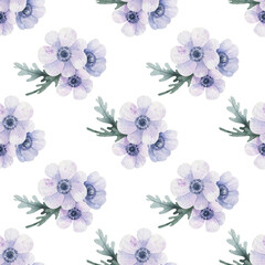 Obraz premium Watercolor seamless pattern of anemones. Isolated on white background. Hand drawn illustration. Perfect for printing, wrapping, textile, factory.