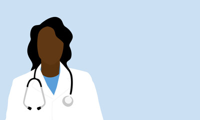 Flat vector of a black female doctor wearing blue scrubs, a white coat and a stethoscope around her neck. The woman is isolated against a light blue background with blank copy space for text or images