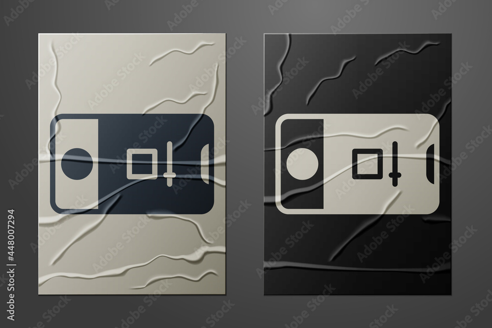 Poster white mobile phone with record frame camera icon isolated on crumpled paper background. mobile app a
