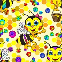Seamless pattern with cute cartoon bees, flowers and honeycombs, an insect on a yellow background