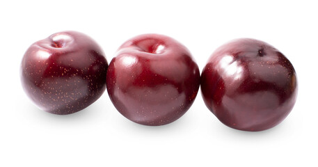 Three dark red plums isolated on a white background.Fresh bright fruits on a white background.Use for posters, labels and web design