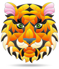 An illustration in the style of a stained glass window with a tiger's head, a portrait of an animal isolated on a white background