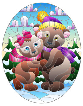 Stained glass illustration with a pair of cute cartoon  bears against a winter landscape, oval image