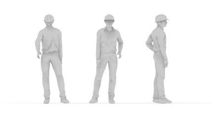 3D rendering of a hard hat worker with protective clothes uniform from front side and back isolated on white.