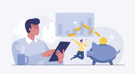 Businessman make money online, investment profits grow. Happy businessman profits from stock trading. vector illustration