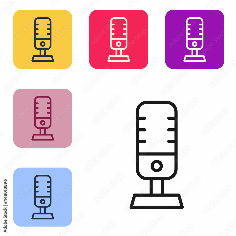 Poster black line microphone icon isolated on white background. on air radio mic microphone. speaker sign. 