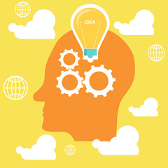 Creative idea, human head with a light bulb and gears. Vector illustration.