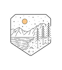 View of Grand Teton National Park in mono line art, badge vector illustration, T-Shirt Art, Design Vector