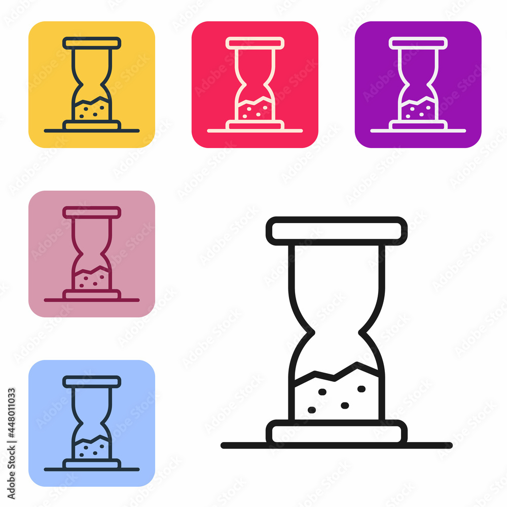 Poster black line old hourglass with flowing sand icon isolated on white background. sand clock sign. busin