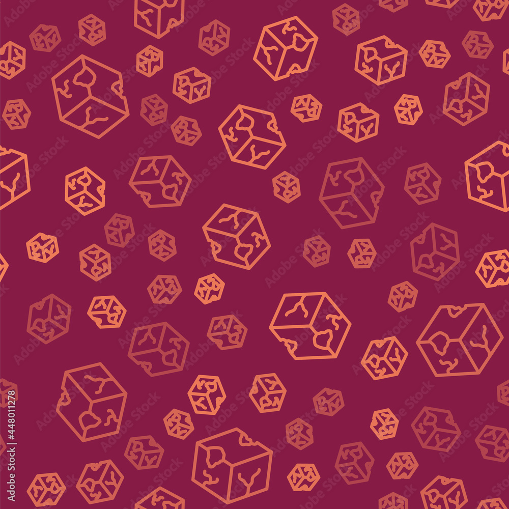 Poster brown line isometric cube icon isolated seamless pattern on red background. geometric cubes solid ic