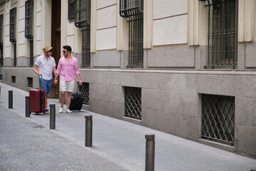 Gay tourist couple carrying suitcases and going to the hotel holding hands.