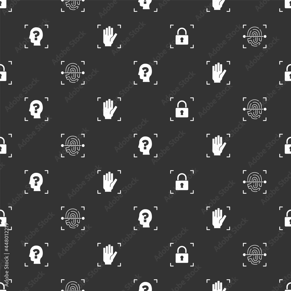 Poster set fingerprint with lock, , face recognition and palm on seamless pattern. vector