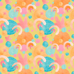 Abstract modern watercolor seamless patters baby shapes on yellow background.Bright minimalist prints in polka dots,blotches,rainbows.Designs for wrapping paper,packaging,social media,textiles,fabric.