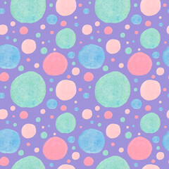 Abstract modern watercolor seamless patters baby shapes on violet background.Bright minimalist prints in polka dots,blotches,rainbows.Designs for wrapping paper,packaging,social media,textiles,fabric.