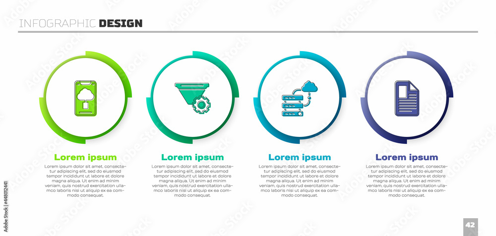 Poster set cloud technology data transfer, filter setting, network cloud connection and file document. busi
