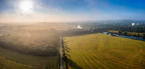 The Ruhr meadows in Duisburg Meiderich in morning fog