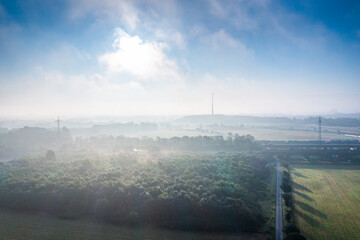 The Ruhr meadows in Duisburg Meiderich in morning fog