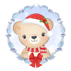 Cute Bear and wreath Christmas hand drawn animal watercolor illustration