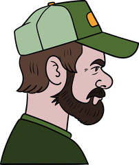 man with full beard and cap from the side. comic, vector, avatar.