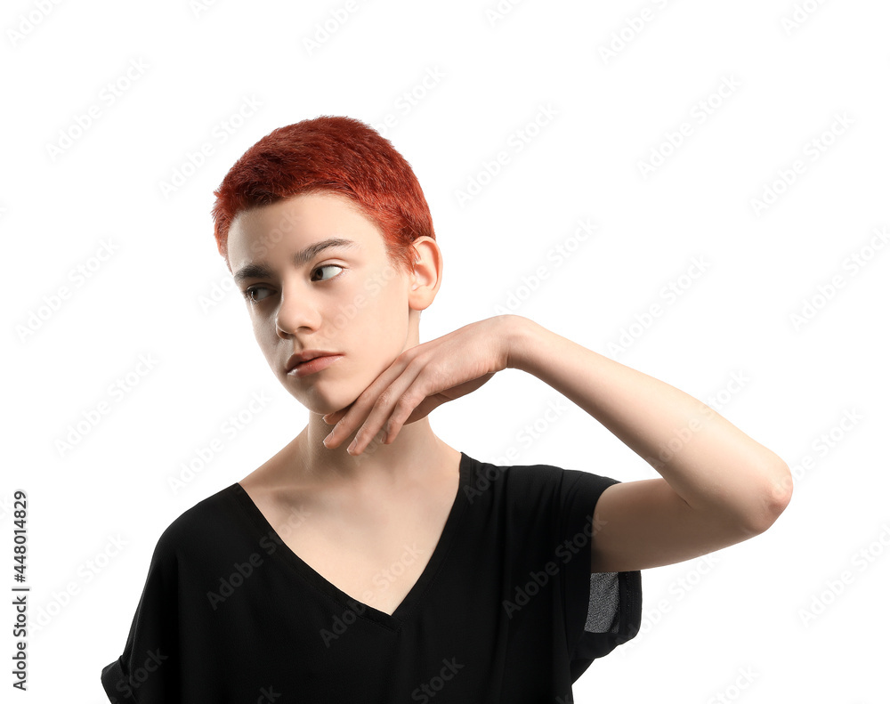 Wall mural portrait if non-binary teenager on white background