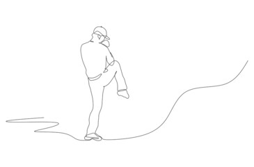 One continuous line drawing of young sporty man baseball player focus practice to throw the ball. Competitive sport concept. Dynamic single line draw design vector illustration for promotion poster