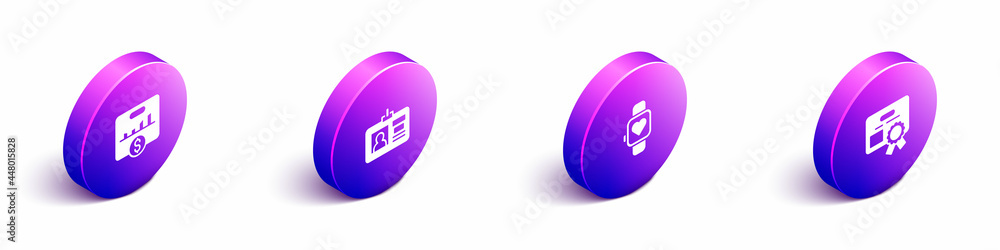 Poster set isometric key performance indicator, identification badge, smart watch and certificate template 
