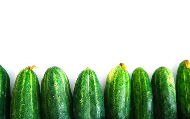 Background of green fresh cucumbers. Cucumbers lie exactly in a row on a white background. Natural texture.