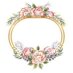 Golden geometric frame with a bouquet of white roses with leaves, decorative twigs and berries. Watercolor illustration for logos, invitations, greeting cards