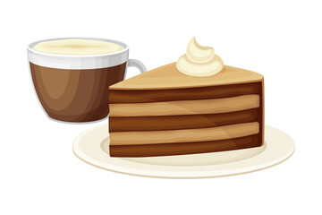 Piece of Chocolate Cake on Plate and Cup of Hot Chocolate Drink Vector Illustration