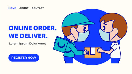Online order e-commerce landing web page template design. Cartoon delivery man giving parcel to customer with face mask