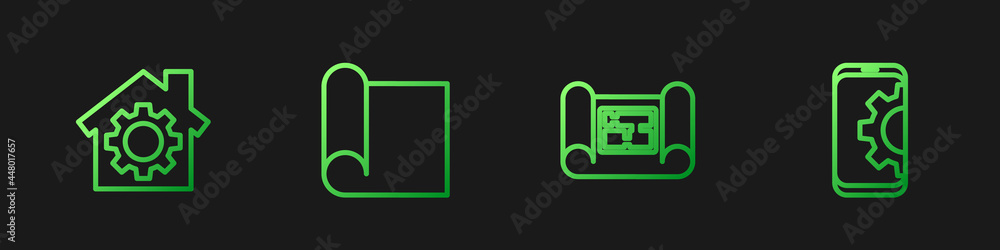 Poster set line house plan, with gear, graphing paper for engineering and setting on smartphone. gradient c