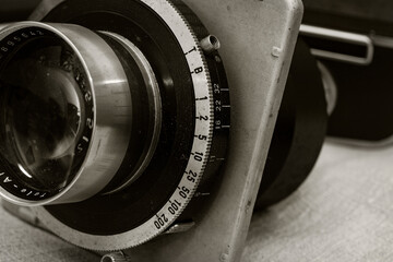 abstract close-up of vintage old camera in black and white