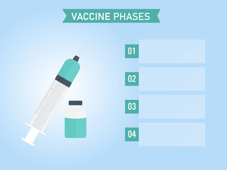 Vaccine Phases Template Layout With Medicine Bottle, Syringe And Copy Space On Blue Background.