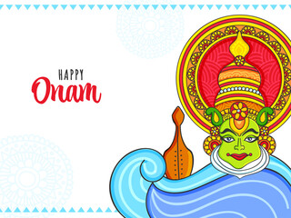 Happy Onam Celebration Concept With Kathakali Dancer Face And Vallam Kali (Snake Boat) On White Background.